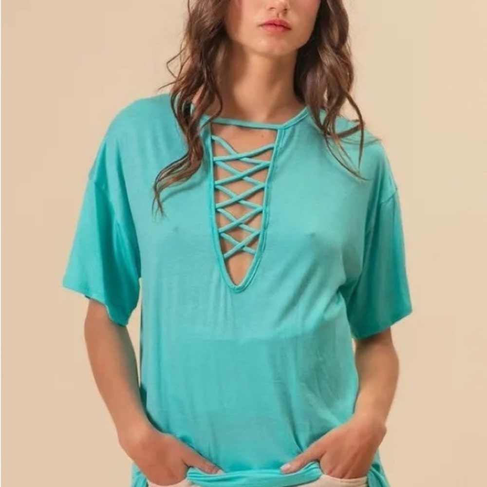 BiBi Jersey Knit Top with Criss Cross Front Neck Detail - Picture 3 of 6